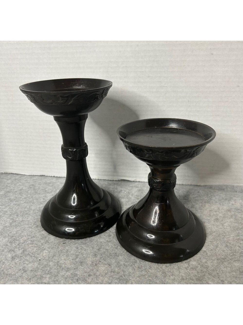 Pottery Barn Metal Candle Pillars Etched Set of 2 Black Brown Sml Flaw See Pic